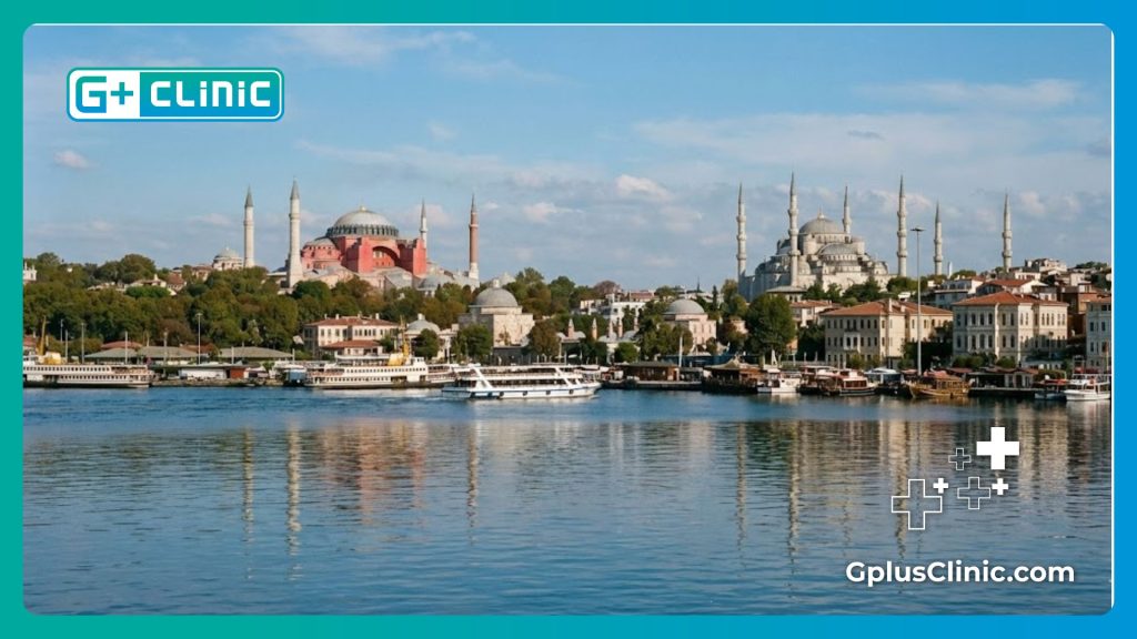 Medical professional welcoming patients to Istanbul skyline.