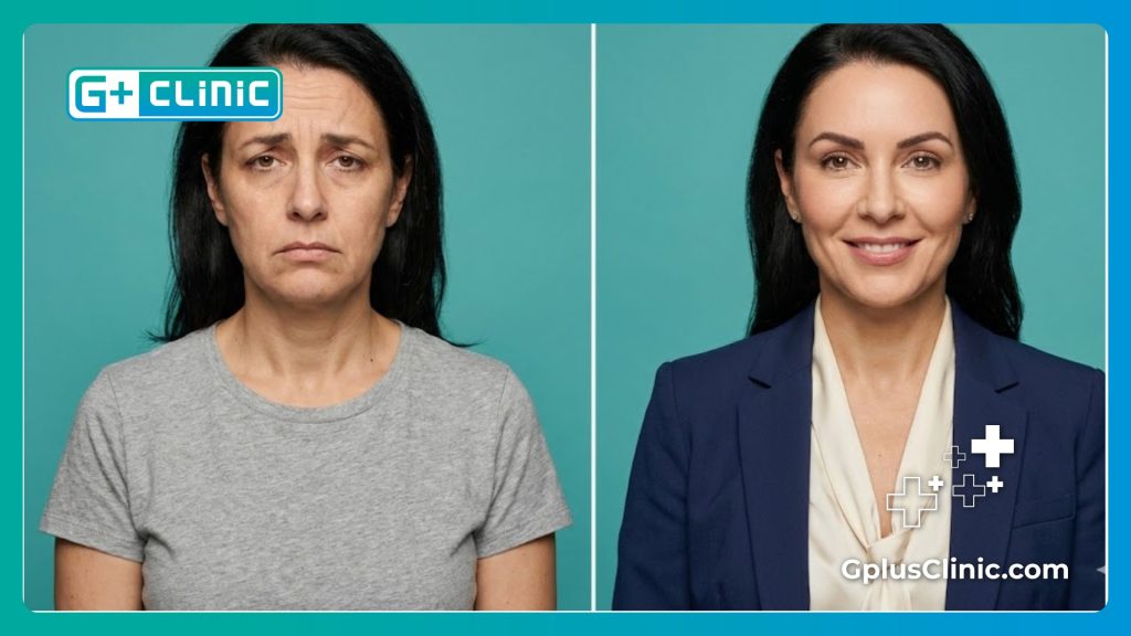 Comparaison avant et après montrant l'effet rajeunissant du lifting des sourcils