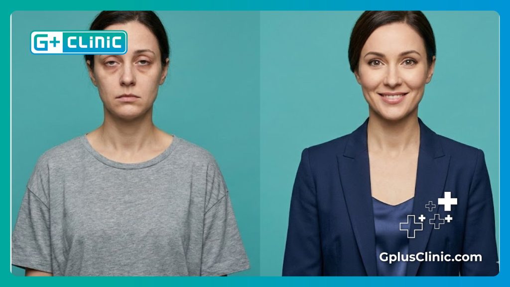 Imagen dividida del antes y después de una mujer tras la cirugía de agrandamiento de ojos.