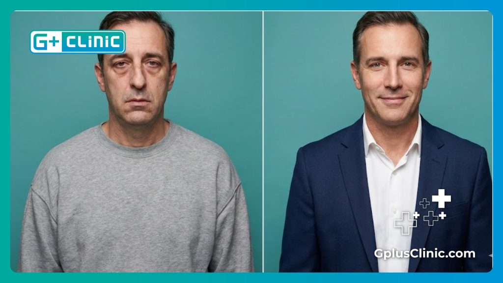 Сравнение до и после мужской ринопластики с акцентом на прямой и мужественный профиль.