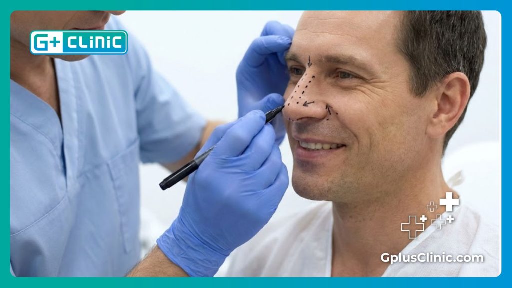 Хирург наносит разметку на нос пациента перед операцией для точного результата.