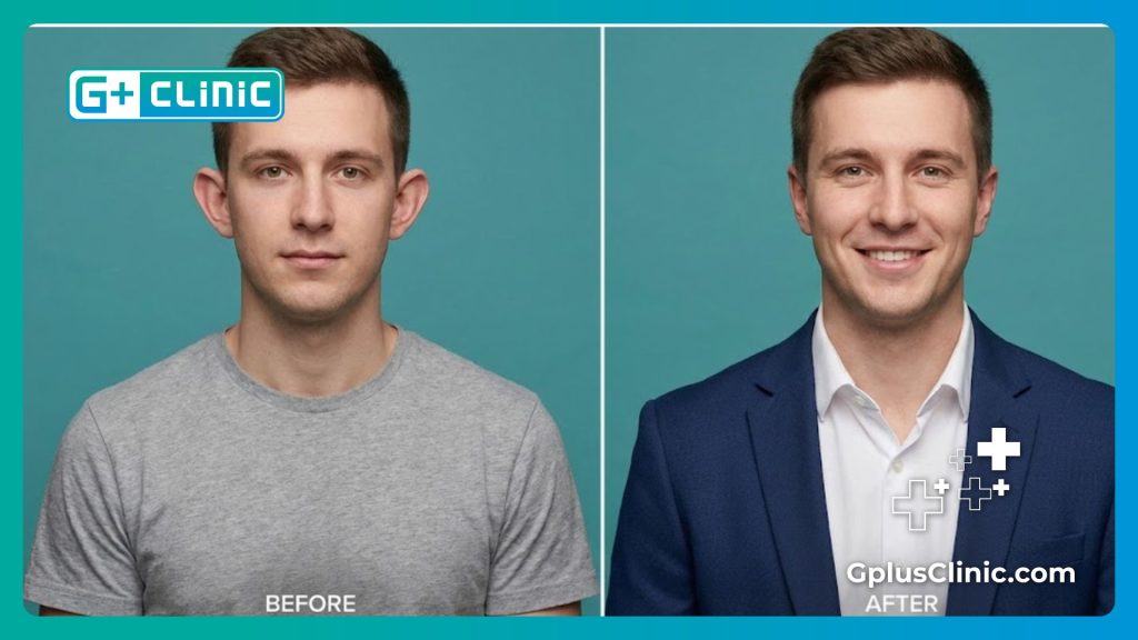 Split screen showing prominent ears before and corrected ears after otoplasty.