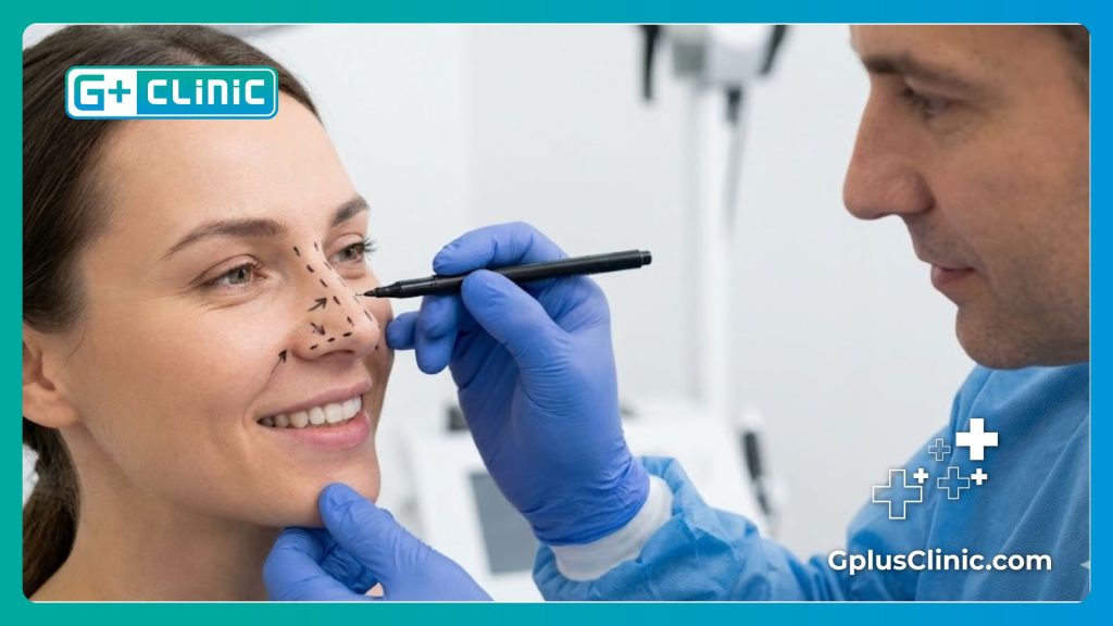 Marcaje quirúrgico en la nariz para procedimiento de reducción.