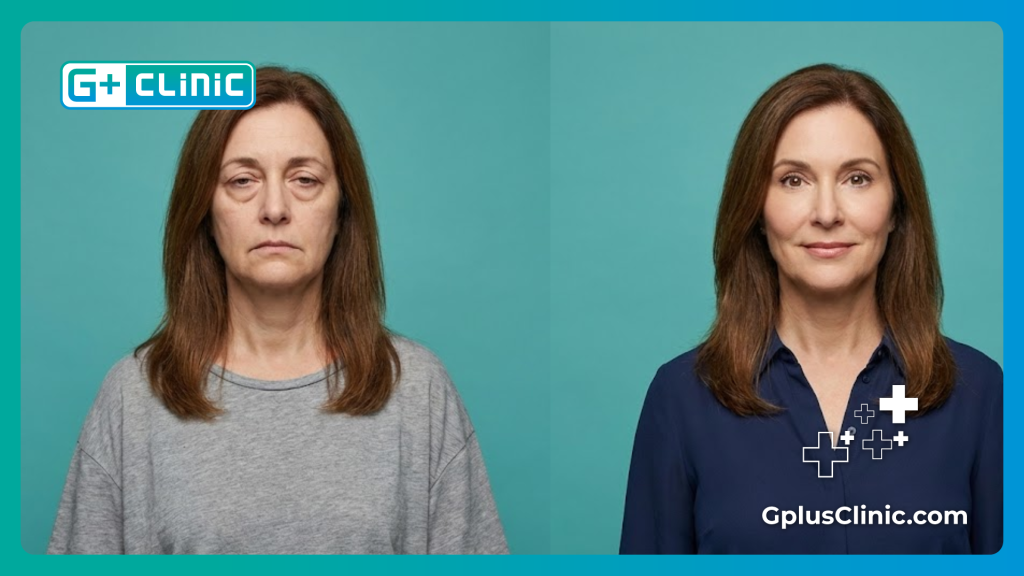 Фотография до и после демонстрирующая результат процедуры Блефаропластика в Турции