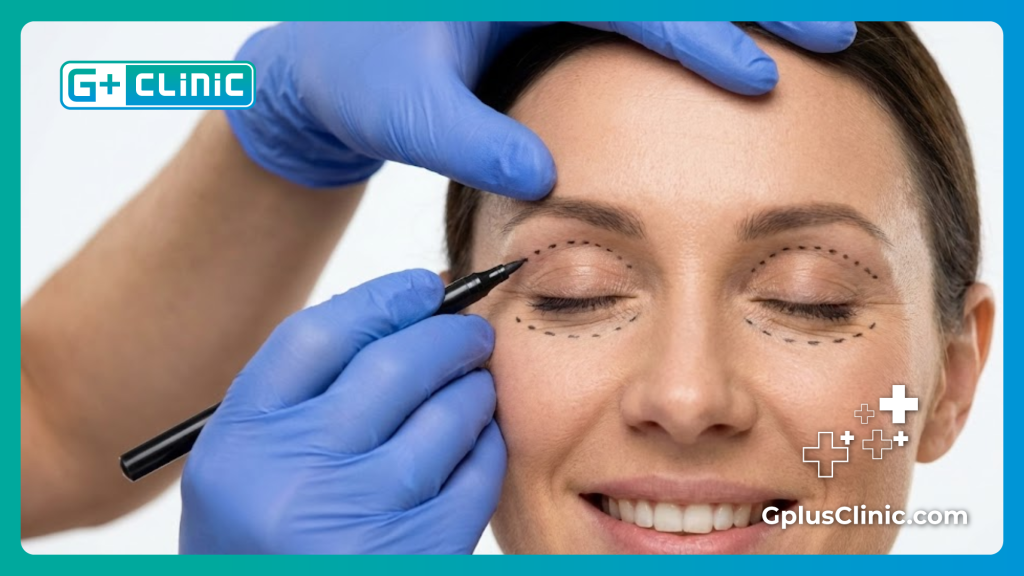 Хирург наносит разметку на веки пациента перед операцией Блефаропластика в Турции