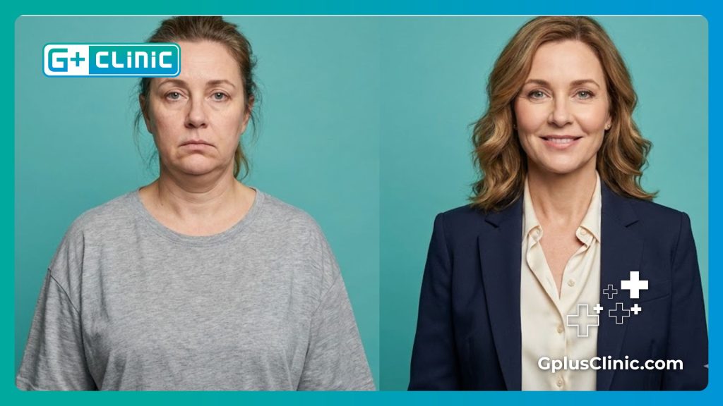 Comparación de resultados antes y después de la cirugía de papada en la misma persona.