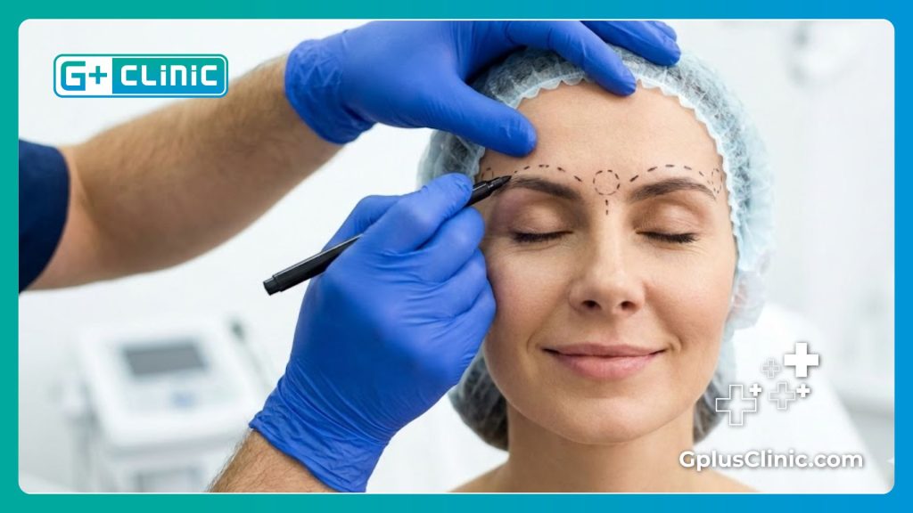 Крупный план врача, рисующего хирургическую разметку на бровях пациентки.