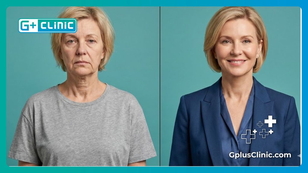 Before and after comparison of a woman showing significant facial rejuvenation and skin tightening.