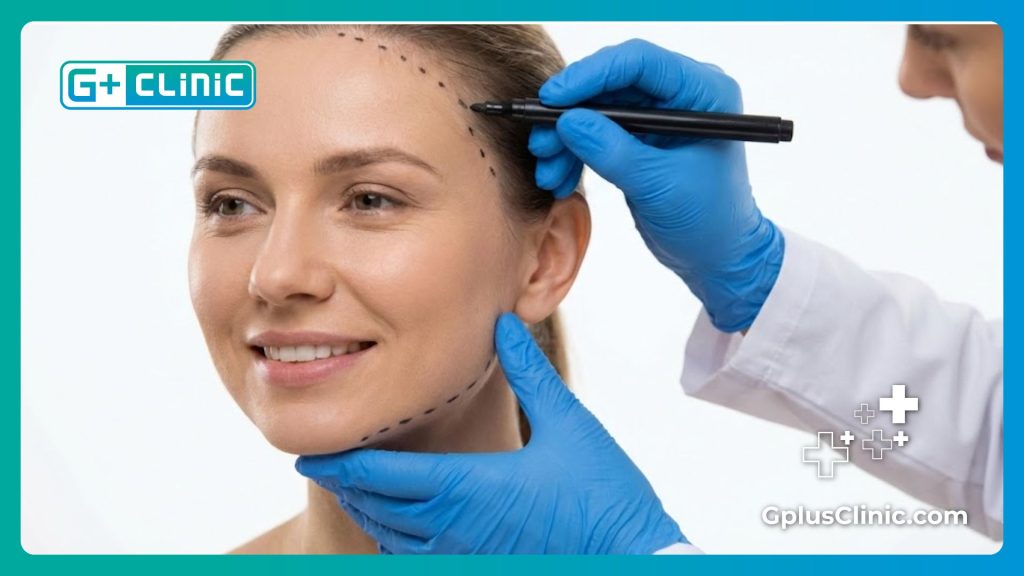 Close-up of surgeon marking surgical guidelines on a patient's face for precise lifting.