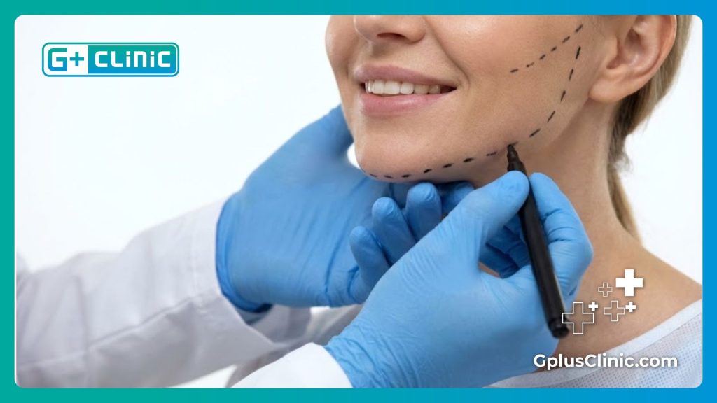 Хирург наносит разметку на лицо пациента перед контурной пластикой.