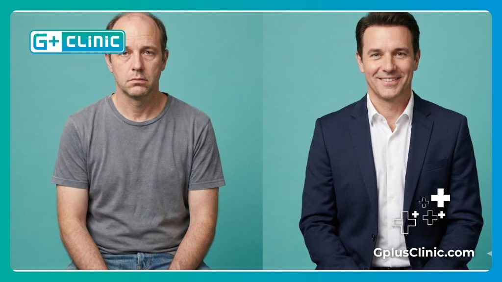 Résultat impressionnant avant et après une greffe de cheveux.