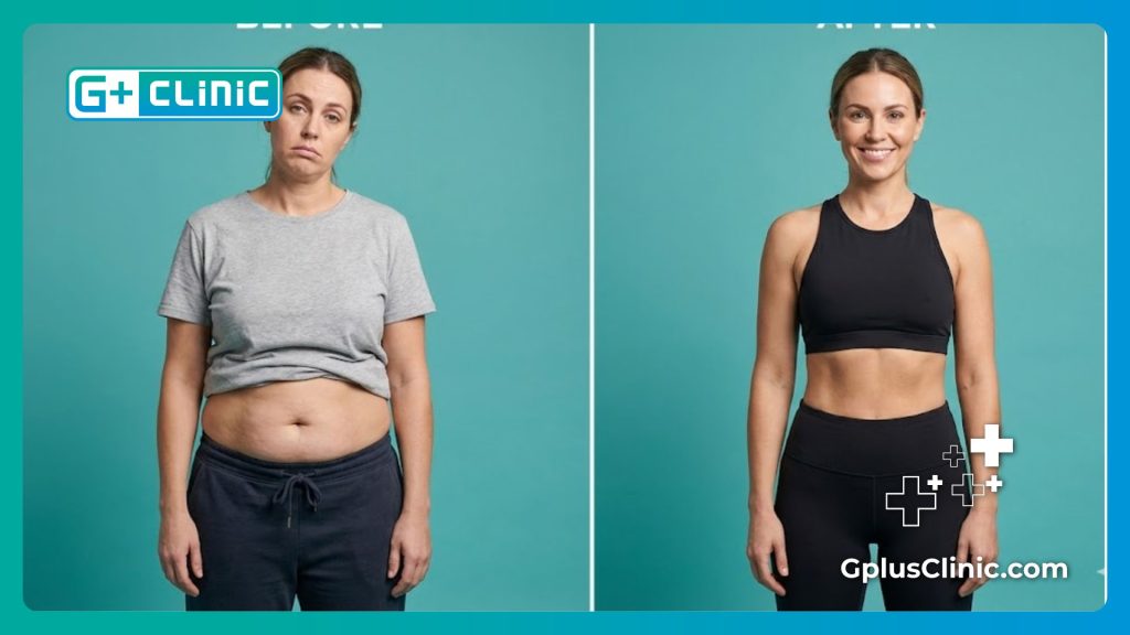 Pantalla dividida mostrando piel flácida vs piel tensada