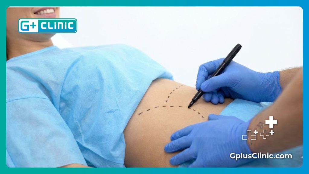 رسم خطوط تحديد الجراحة على بطن المريض استعداداً لعملية جي بلازما.