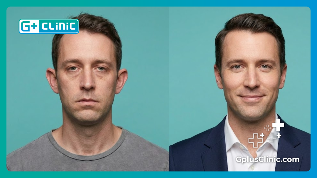Split screen showing before and after results of ear pinning surgery on a male patient.