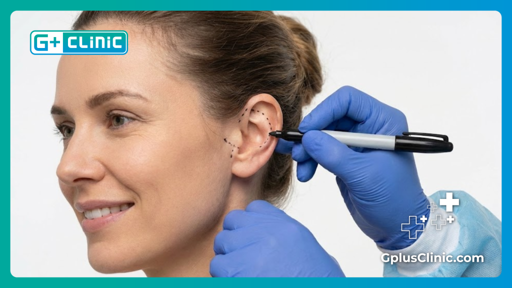 Close up of surgeon marking the ear for precise otoplasty procedure.