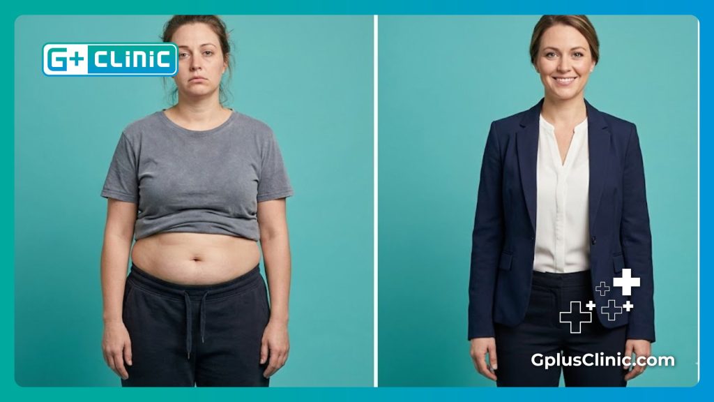 Before and after transformation of abdominal area abdominoplasty