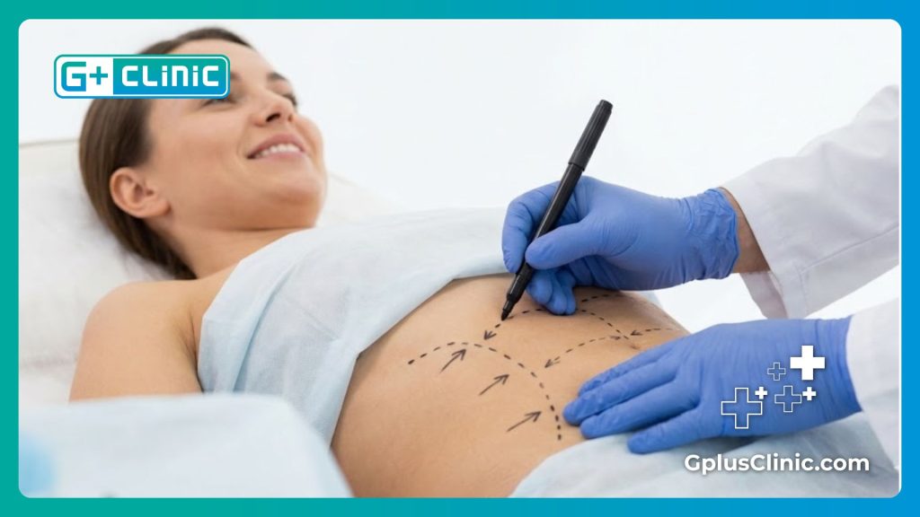 Surgeon marking surgical guidelines on patient stomach for tummy tuck