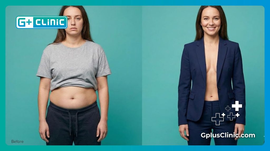 Split screen comparison showing before and after results of Smart Lipo on the abdomen.