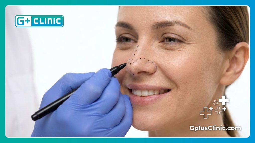 Крупный план разметки на кончике носа перед операцией