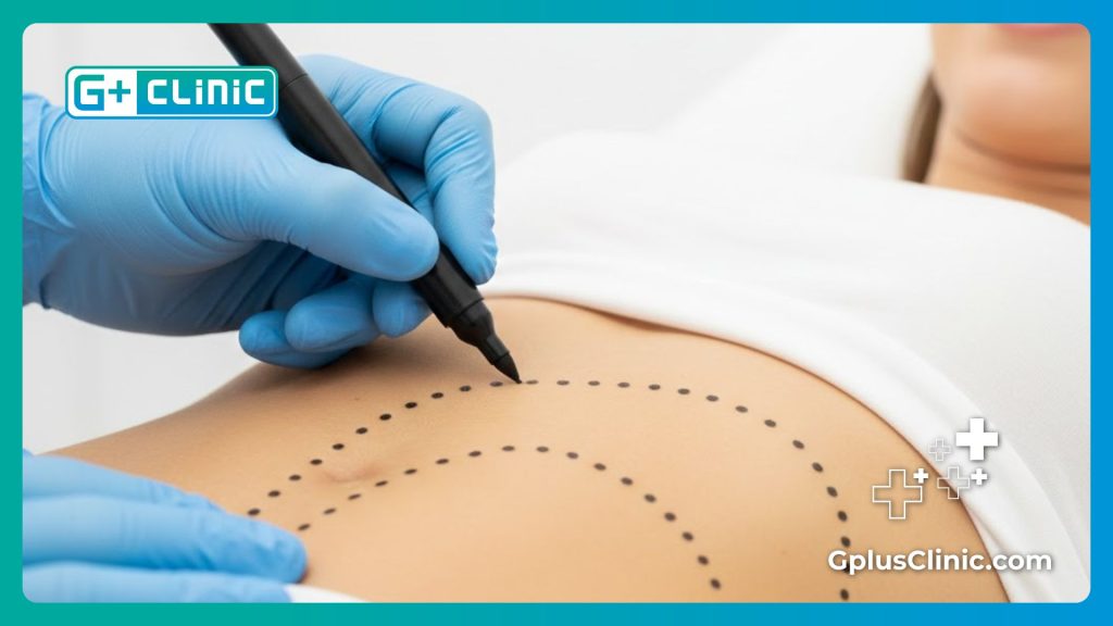 جراح تجميل يحدد مناطق الجراحة على بطن المريض بدقة عالية
