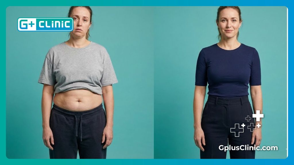 Split screen showing before and after transformation of Tummy Tuck in Turkey