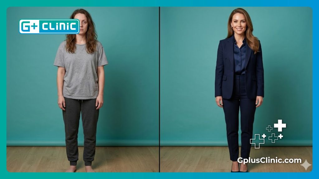 Pantalla dividida mostrando el antes y el después de la paciente.