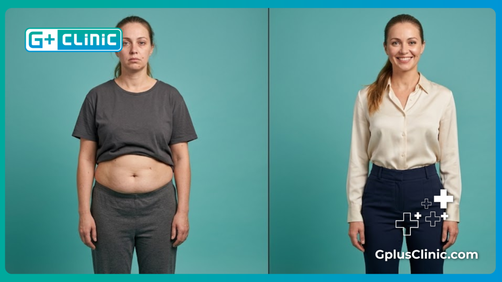 Comparación de antes y después de una exitosa cirugía de contorno y levantamiento corporal.