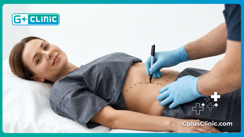 Primer plano de un cirujano dibujando líneas de guía precisas en el torso del paciente.
