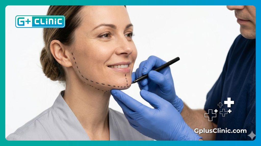 دكتور تجميل يقوم بتحديد مناطق الجراحة للمريضة بدقة