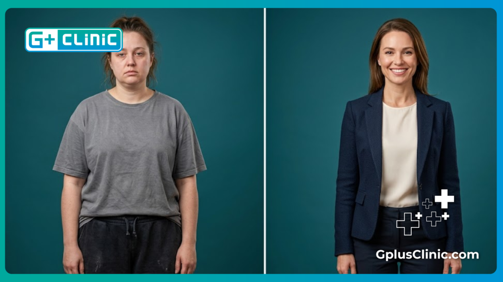 Avant et après la perte de poids illustrant une transformation physique réussie.