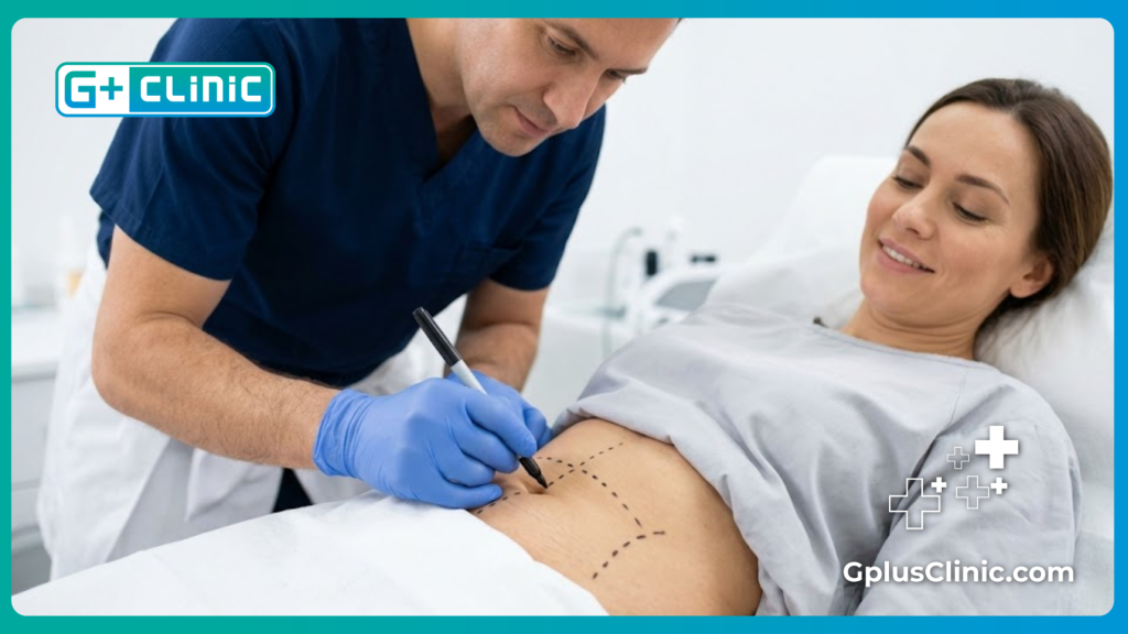 Un chirurgien dessine des repères médicaux précis sur l'abdomen du patient.