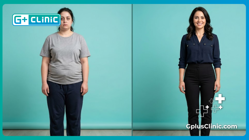 Split screen transformation showing successful weight loss and fat reduction