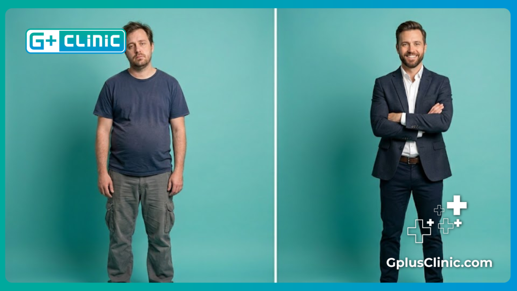 مقارنة قبل وبعد لعملية إنقاص الوزن وتغير شكل الجسم