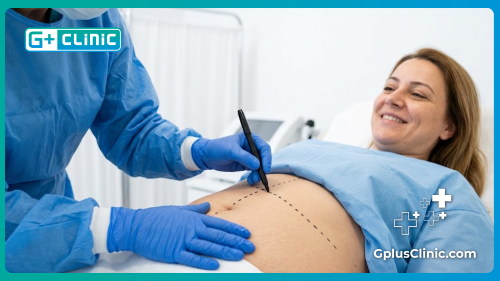 جراح يقوم بتحديد منطقة البطن بدقة قبل بدء الإجراء الطبي