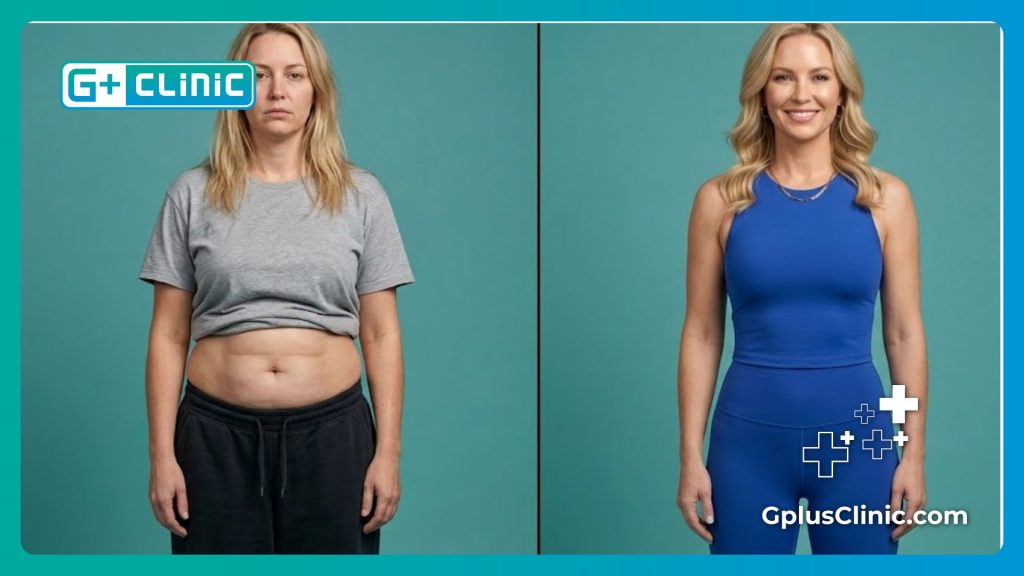 Split-screen visualization showing a patient's amazing transformation before and after lower body contouring.