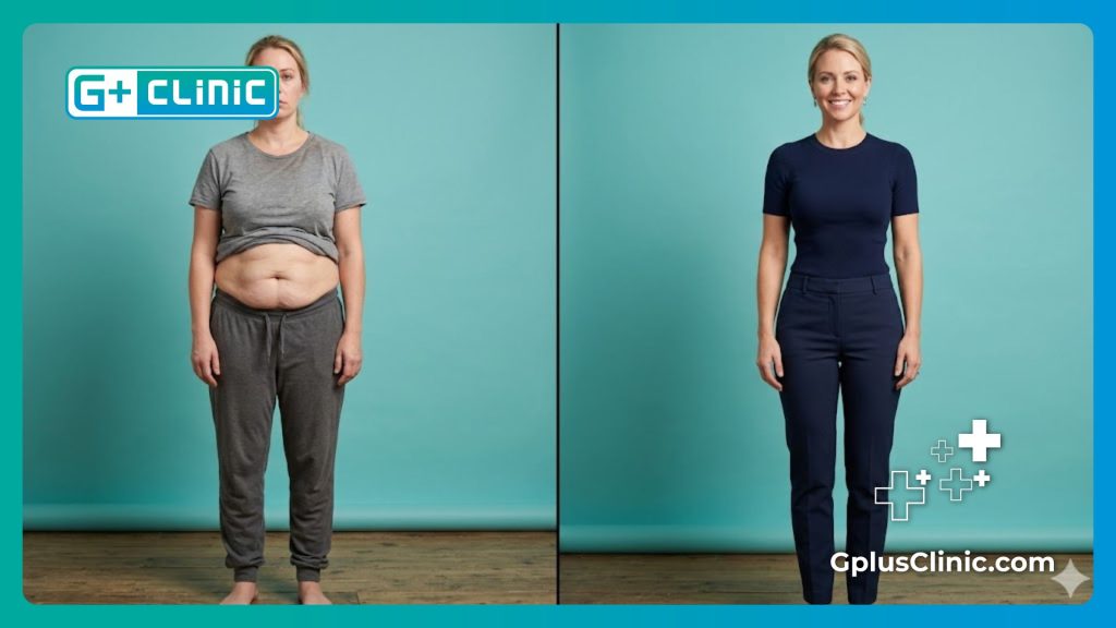 Сравнение до и после, показывающее подтянутый живот после успешной операции.