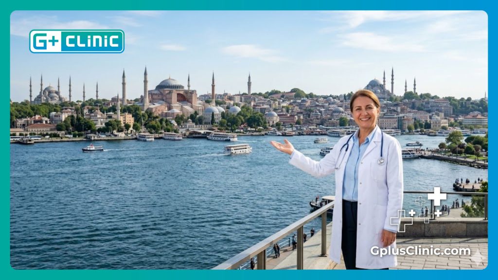 : Smiling doctor welcoming medical tourists with the iconic Istanbul skyline behind