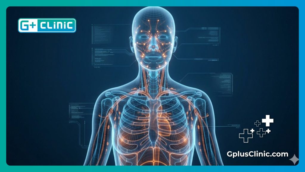 High-tech digital mesh scan displaying safe anatomical zones for medical procedures