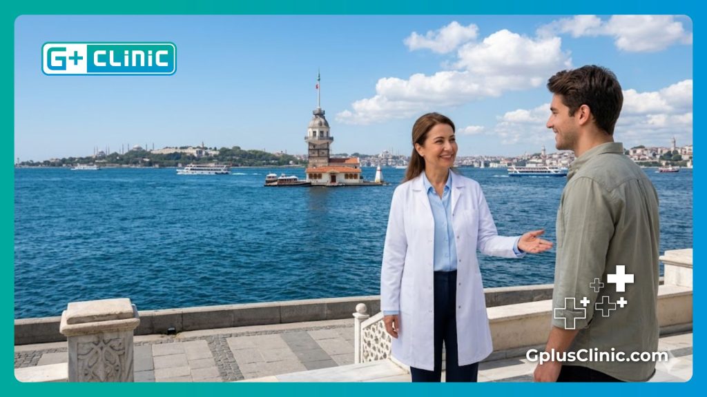 Friendly plastic surgeon welcoming patients to Istanbul by the Bosphorus Strait