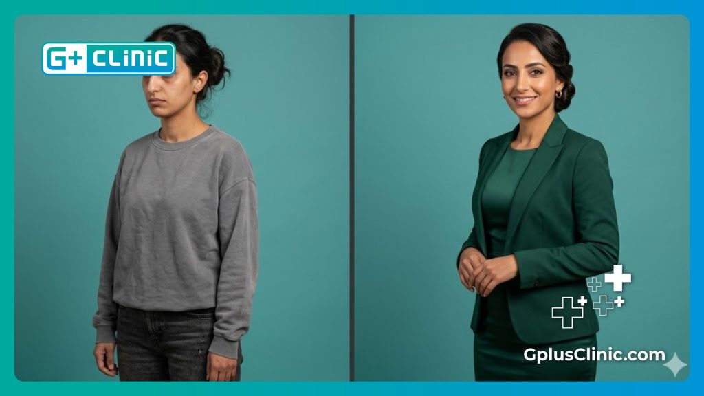 Before and after split screen showing a successful facial profile transformation