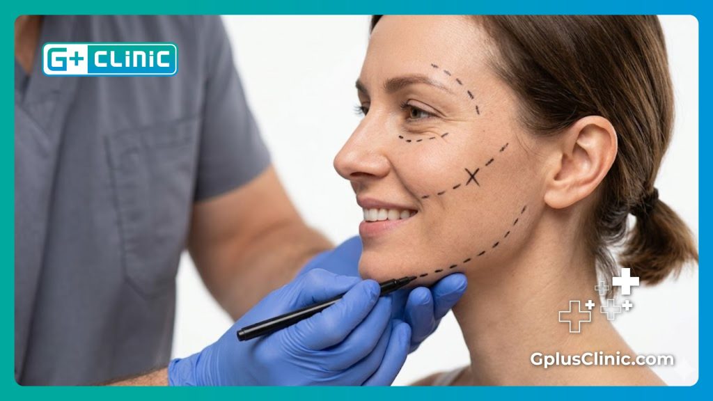 Surgeon drawing surgical guidelines on a patient's face before a cosmetic procedure
