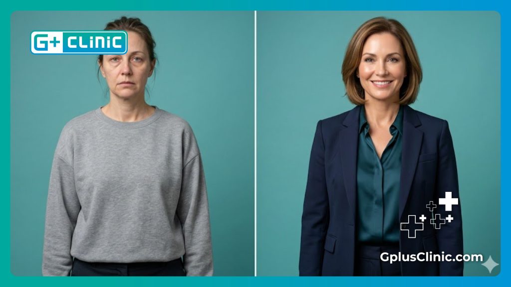 Split-screen digital scan showing precise anatomical structure improvements.