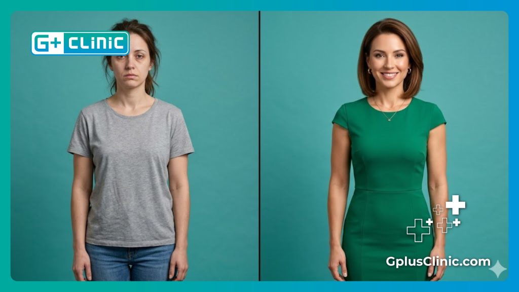 Comparaison avant et après d'un traitement esthétique du visage réussi sans chirurgie.