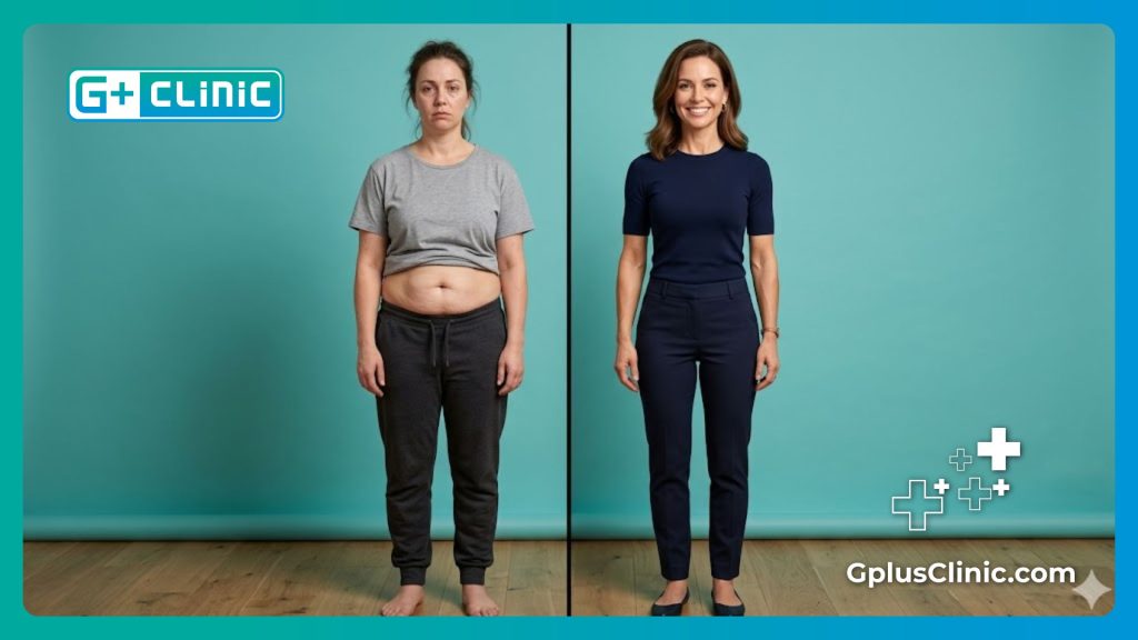 Split-screen showing dramatic before and after results of body skin tightening.