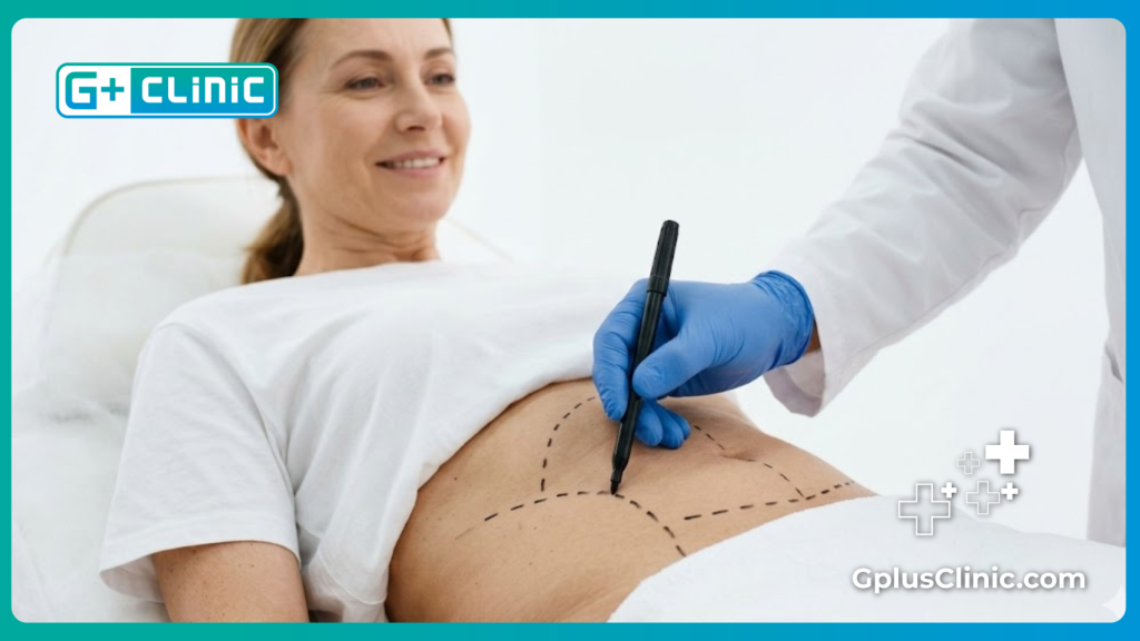 Tracé chirurgical précis réalisé par un chirurgien esthétique sur l'abdomen