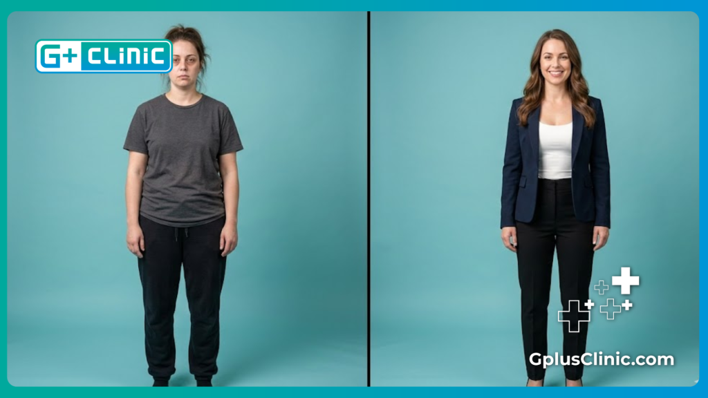 Split screen transformation showing a safe and successful liposuction procedure.