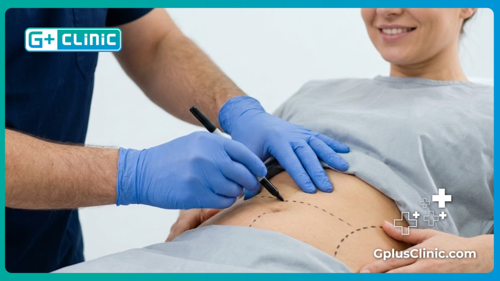 Doctor carefully drawing surgical markings on a patient's abdomen to ensure precision.