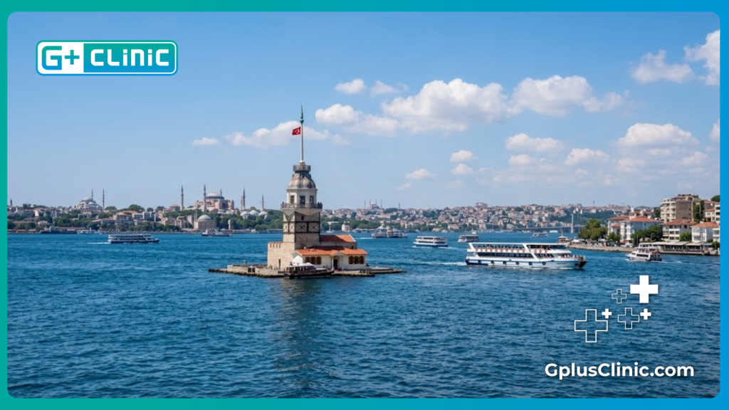 Beautiful daytime view of the Maiden's Tower on the Bosphorus in Istanbul.