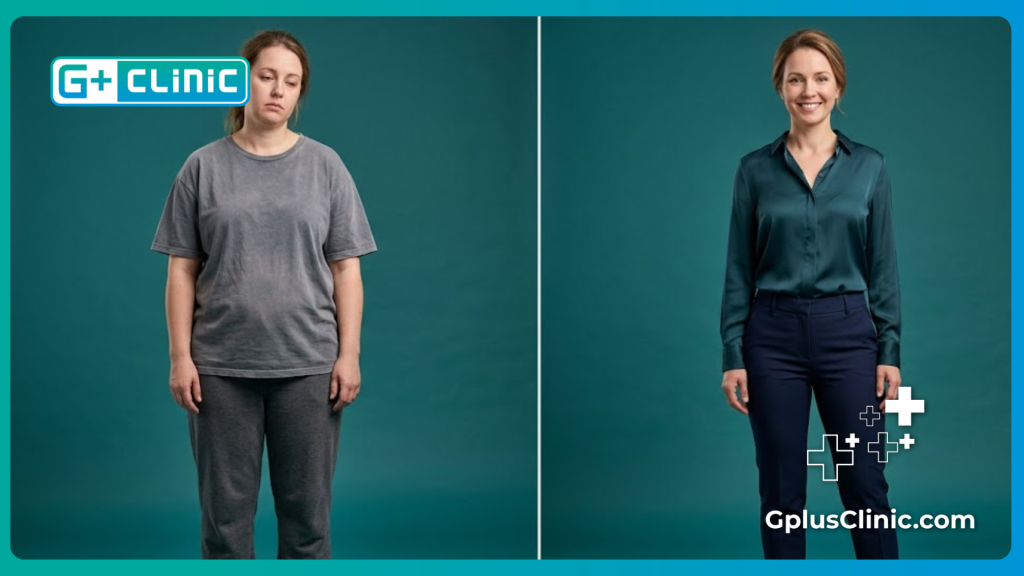 Comparaison avant et après d'une femme ayant réussi sa perte de poids