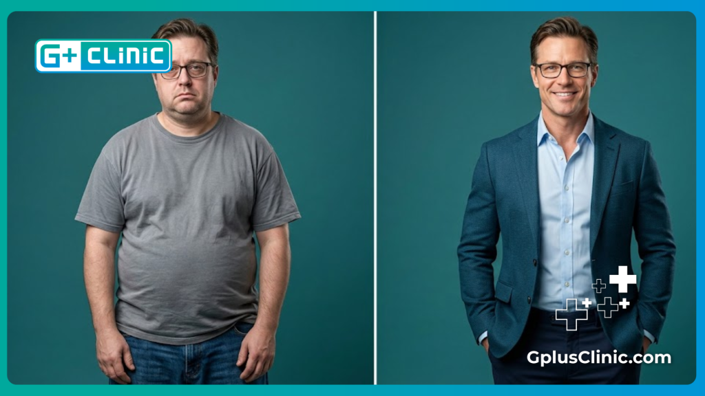 Разделенный экран до и после, показывающий результаты похудения.